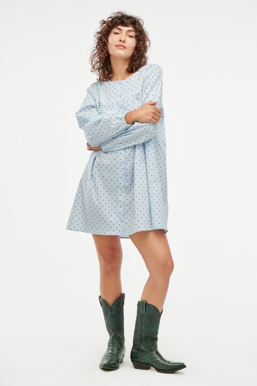 NWT LACAUSA Avery Cotton Poplin Long Sleeve Mini Dress Baby Blue Dot Small